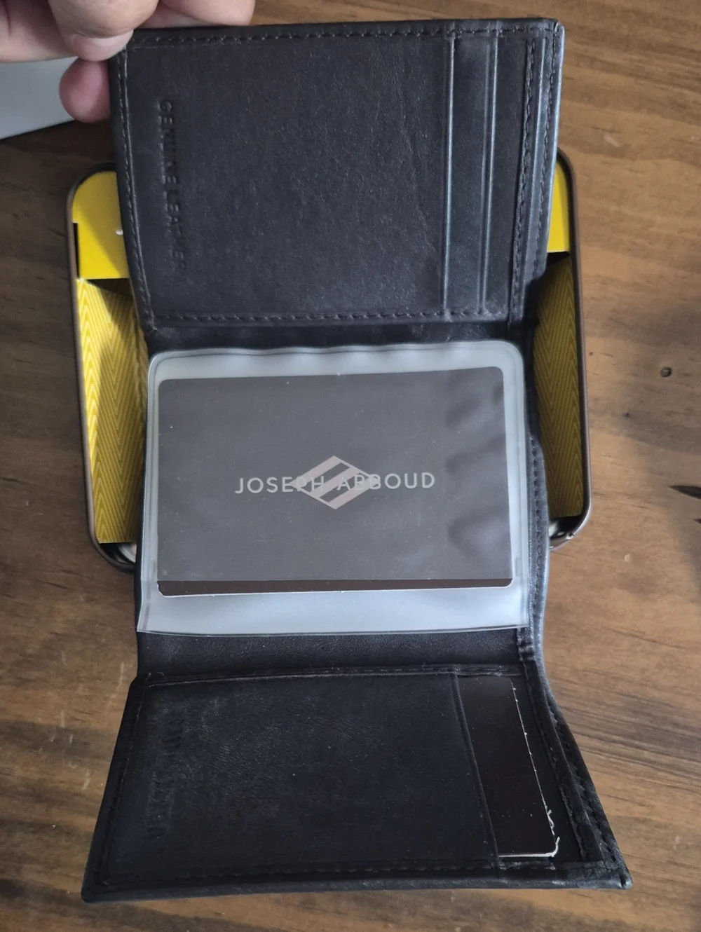 Joseph Abooud Leather Tri Fold Wallet, Brown.  In Tin Case
